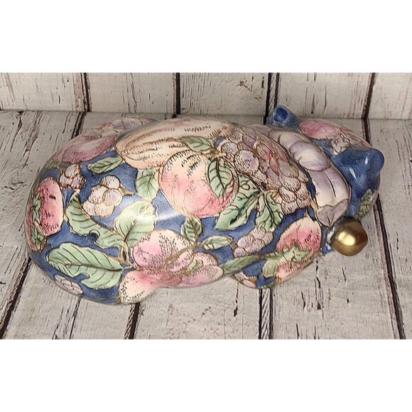 12" Rare Vintage Chinese Painted Ceramic Sleeping Cat Figurine Peach Blossoms - Picture 3 of 5
